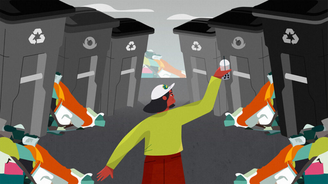 Drawing of an individual wearing white cap, long sleeved yellow shirt and red pants, holds up a lidded plastic cup with a straw in it. There are three tall recycle bins and small piles of plastic on either side of them.