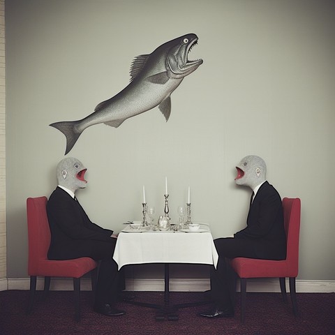 Two strange figures wearing black suits, white shirts, black ties and black shoes are sitting on red chairs at a small table. Both have grey skin and opened mouths. A pretty large fish with an opened mouth is painted on the wall next to them.