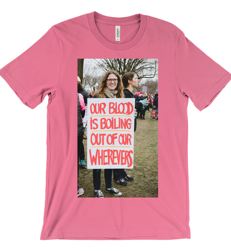 Protesters at the 2017 Washington, DC Women's March holds a sign reading, "Our Blood is Boiling Out of Our Whatevers," referencing a quote by Donald Trump during his presidential campaign, disparaging women