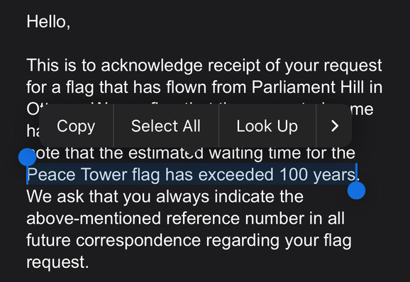 A screenshot of the confirmation email with the highlight text "Peace Tower has exceeded 100 years".