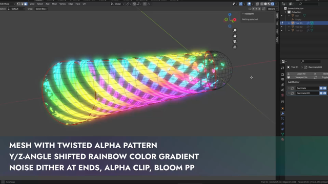 Showing multiples steps of an vfx that uses 3 layered cone meshes to render an animated twisted rainbow colored trail