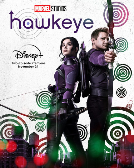 Poster for the Hawkeye TV show featuring Jeremy Renner as Clint Barton and Hellie Steinfeld as Kate Bishop. Both are dressed in purple and Renner is posing with a bow and arrow.