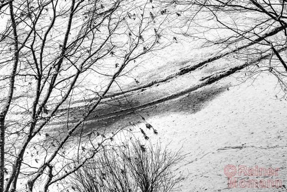 Ein Schwarzweißfoto. Durch die Äste zweier Bäume, im Winter, ist eine tief eingedrückte Fahrspur auf einer leicht verschneiten Wiese zu sehen. Es sieht fast so aus, als wäre die Fahrspur am Himmel und nicht auf der Wiese.