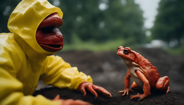 A red reptile-like creature wearing a yellow raincoat looks closely at a reddish toad