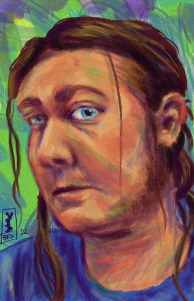 colorful digital portrait with brush stroke visible. Masculine person with long brown hair mostly tied back with some strands hanging loose. Wide blue eyes with no or very difficult to see eyelashes. Scruffy sideburns. Bags under eyes, small scar on forehead, hollowness or other vague illness to cheeks. Blue tee shirt, and abstract green and purple background.