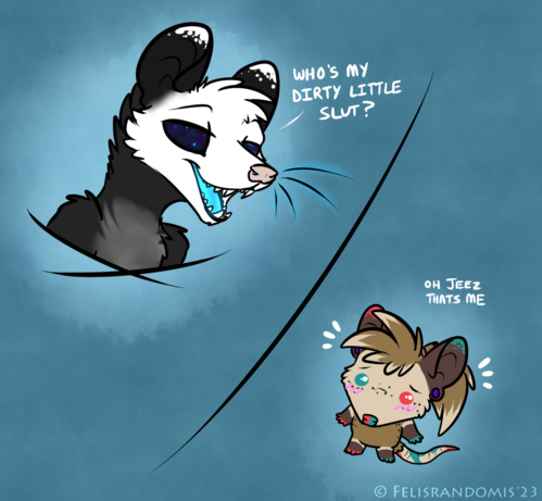 Art of two possum characters. One's looking down at the other saying "who's my dirty little slut?" while the other is looking flustered and saying "oh jeez, that's me"