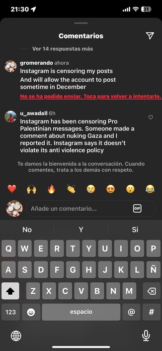 Screenshot showing my instagram account beige restricted from commenting on posts