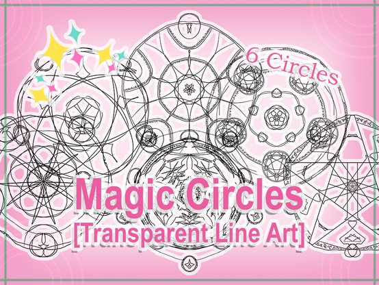 A pink themed banner graphic with text that reads: "Magic Circles, transparent line art, 6 circles," overlaying small previews of various different alchemy-looking circles.