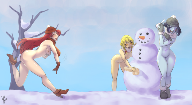Three young ladies in the snow. The three of them are barely wearing anything but scarfs, globes, hat and shoes.
One of them, with long red hair, red scarf, globes, hat and shoes, is throwing a snowball at another girl with gray attire and black short hair.
In the background, a girl with blonde, braided hair and completely orange eyes is attaching a dildo to a snowman.