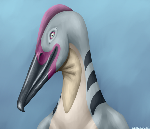 A portrait of a silver pterosaur with black, white, and purple markings.  Their head is tilted downwards and to the left.  They happily look onwards curiously.