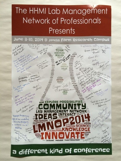 inexpensive appreciation poster: photograph of a poster for a conference I designed and facilitated, covered with written appreciations by participants and now posted proudly in my office