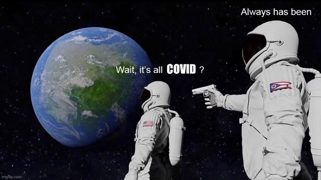 An astronaut looking at Earth says "Wait... it's all COVID?"

Another astronaut aiming a gun at the first replies "Always has been..."