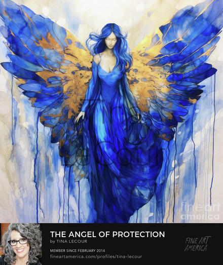 This is a watercolor of a blue and gold angel with it's wings open called the angel of protection.