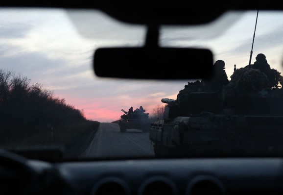 Ukrainian tanks ride on a road outside Avdiivka, Donetsk region, on November 13, 2023, amid the Russian invasion in Ukraine. (Photo by Anatolii Stepanov /AFP via Getty Images)