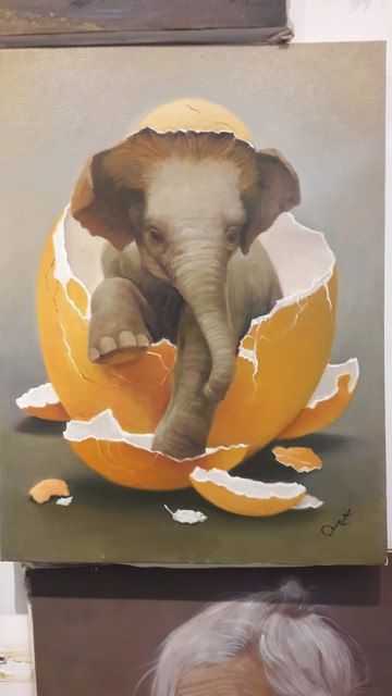 a painting of a baby elephant emerging from an orange-shelled egg, the inside is white, the background is brown-grey, the elephant is light brown, he is really cute