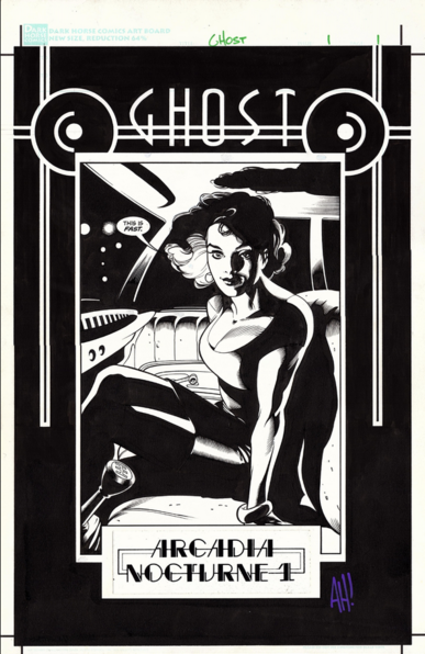 a black and white full-page comic book illustration, there is a black border around it, inside are minimalist lines and it says 'ghost' at the top in 1930s art deco letters, a woman in a tight dress is in the front seat of an old-fashioned car, she says 'This is fast'., at the bottom it says 'Arcadia Nocturne 1' in art deco-style letters