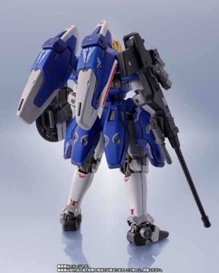 the model seen from behind, it has a giant blue and white jet pack on its back