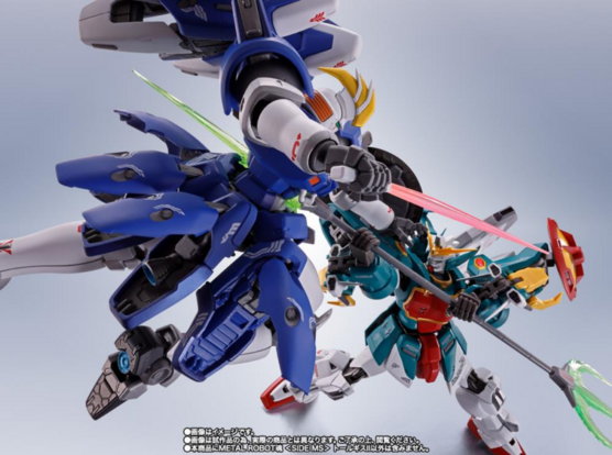 the model, flying in the air, fighting another gundam, it holds a laser sword, the enemy has a long pole with a green  laser spike on it