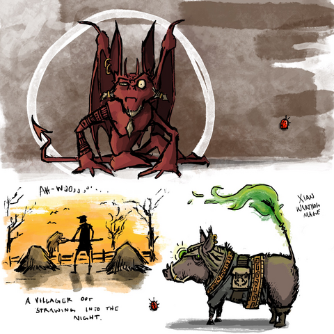 A glowering red imp is at the top, lower left is a villager strawing into the night (above there is a werewolf howl â€œah-wooooooâ€�) and lower right there is a warthog mage with green fire on its tail. The warthog mage is labeled â€œXian warthog mage.â€� Also thereâ€™s some ladybugs :)