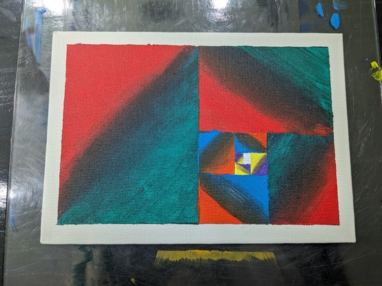 A abstract straight-edge spiral painting with rectangular regions each cut diagonally and blending two different colors a piece.