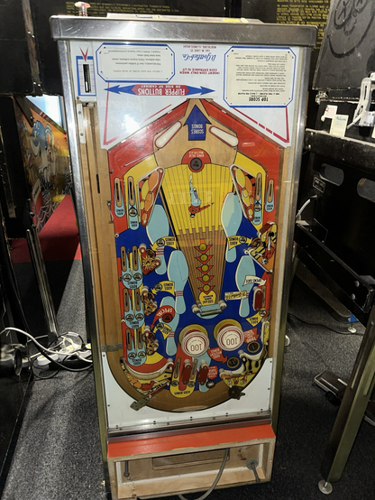 Gottlieb's Top Score pinball machine, the cabinet backbox removed and in transportation mode.