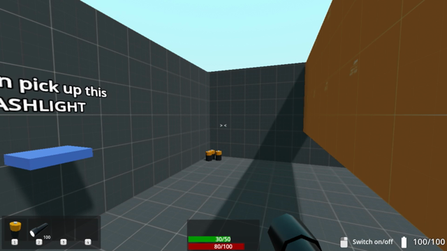 Protoype gameplay video in first person perspective. The player is switching on a flashlight and a number next to a battery symbol is starting to go down, indicating that the flashlight's battery is draining.

The player picks up a battery item that is in the corner. When the flashlight charge shows around 60, they open the inventory, pick up the battery and use it on the flashlight. The flashlight charge increases by 30.