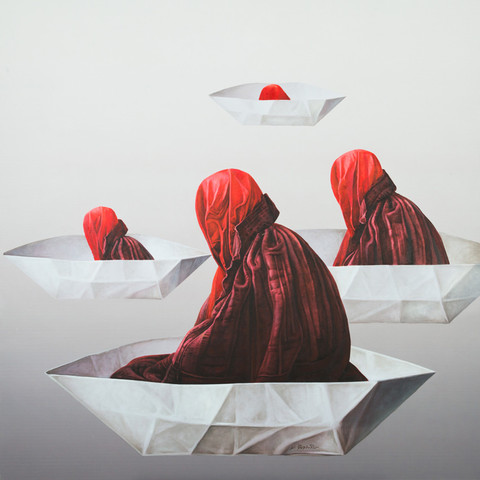 a painting of four white paper bowl-shaped objects, in each of them is a red human figure covered in red blankets, the figure is sinking into the boat at a different level in each, the background is white at the top fading into grey at the bottom