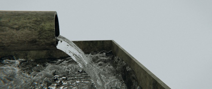 A fluid sim render from Blender with a simple pipe spewing water into a square tank.