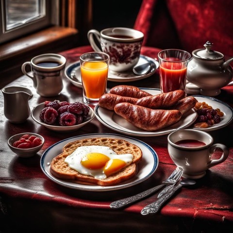 Breakfast Art: Egg, waffle, berries, orange and tomato juice, tea, coffee, bread