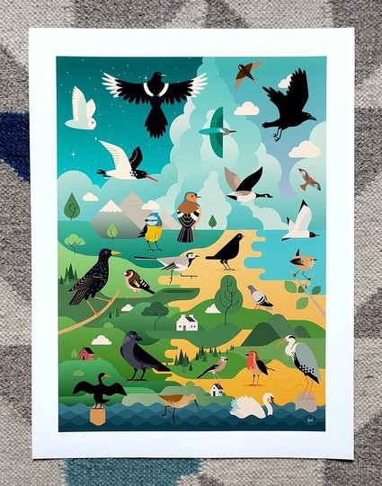 Another photo of a print with a whole lotta birds in front of a landscape.