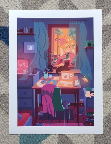 A third photo, this motif is a room with a cluttered desk in front of a window opening out to a fantastical landscape with dragons and giants.