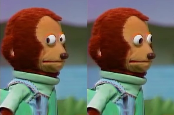 Awkward Look Monkey Puppet: Refers to two images of the Monkey Puppet known as Kenta from the Japanese children's television show ÅŒkiku Naru Ko awkwardly looking towards the camera and then away.

Source: knowyourmeme.com
