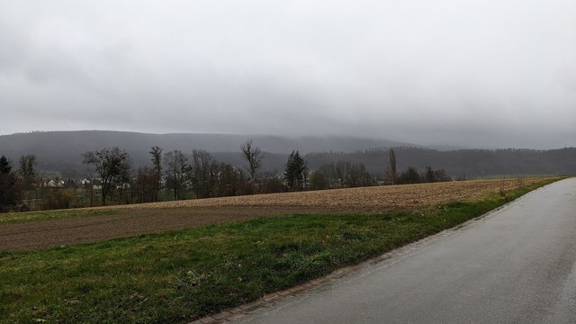 View of the cloud-covered Blauen hills that I had been riding.