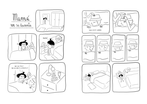 Página de BD com quadrinhos em branco e preto e estilo singelo. A história intitula-se 'Mamá non se levanta'.
