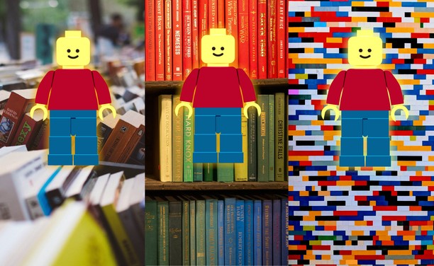 Triptych image of same, generic, yellow-head Lego figurine with red top & blue lower superimposed over background photo of 1) outdoor book stall, 2) library bookshelves, & 3) a brick wall made of colorful Lego bricks.