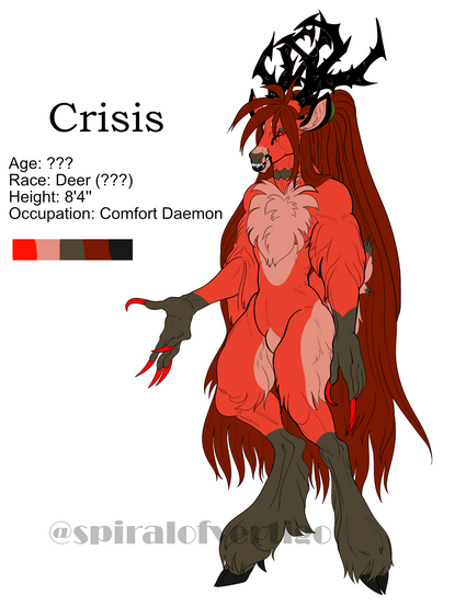 A reference for a rather tall curvy red deer man standing upright with long red claws and extremely long hair.