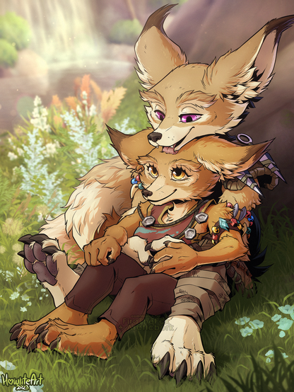 Digital art of a vulpera couple, male and female, both sandy-furred. They are sitting amongst grass and flowers, the female being hugged from behind with her partner's arms around her waist. He is gently licking the top of her head, while she smiles up at him, their tails slightly entwined.