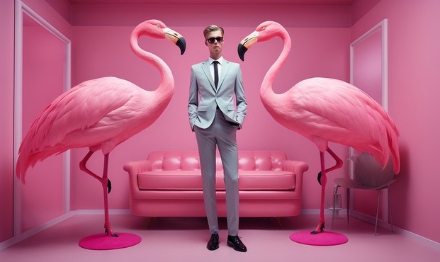 A man wearing a blue suit, a white shirt, a black tie, black shoes and sunglasses stands in the middle of a pink room in front of a pink couch. Next to him left and right large pink flamingos.
