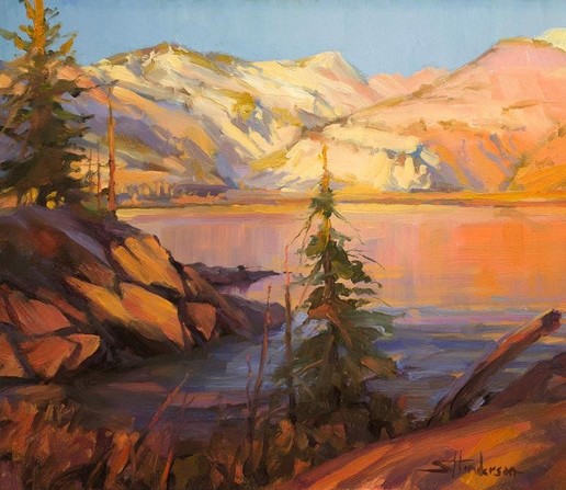 Art print of an original oil painting by Steve Henderson depicting a mountain sunrise by the lake.