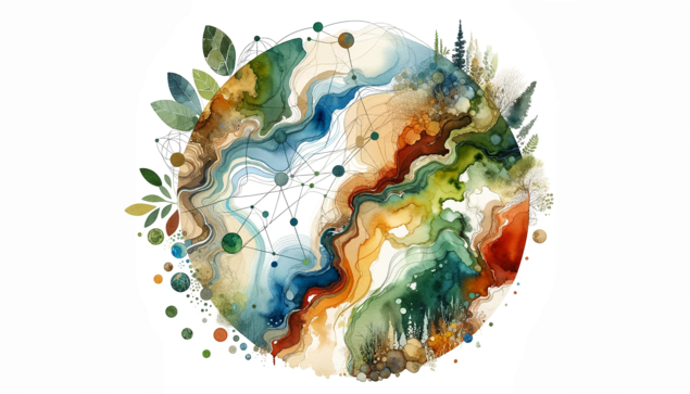Generated by AI. A watercolor illustration of the Earth system. Suggests trees, water, soil.