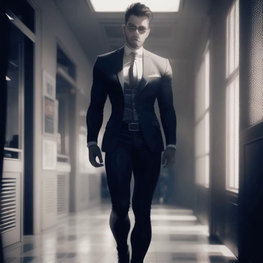 A man in a suit walks down a corridor