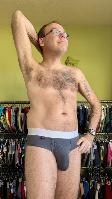 Hairy gay guy wearing grey Jack Adams briefs with white waistband