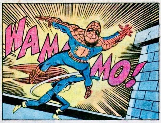 On a rooftop, Nighthawk decks Spider-Man, sending him airborne. Sound effect: "Wammmo!"