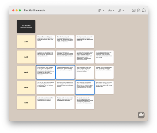 Screenshot of a mac app displaying multiple index cards laid out in rows on a brown canvas. Three of the cards are selected, two cards on one row and one on the next row.
