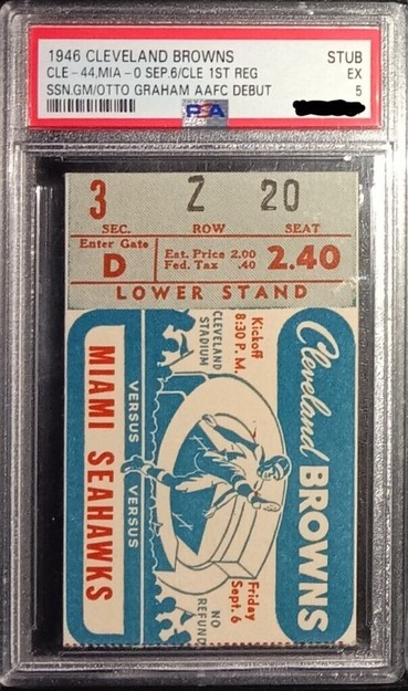 1946 Sept 6th Cleveland Browns played its franchise 1st ever game vs Miami Seahawks. Paul Brown made his coaching debut and rookie Otto Graham made his 1st pro debut. This is an actual game ticket stub from the inaugural game.