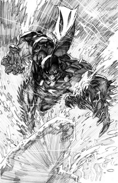 a black and white illustration of tiger shark, a villain from namor comic books, he has a fin on his head like a shark from the middle of his head down his back, he leaps at the viewer dramatically, he has his mouth closed, sharp teeth, his claws reaching out, water splashing wildly everywhere