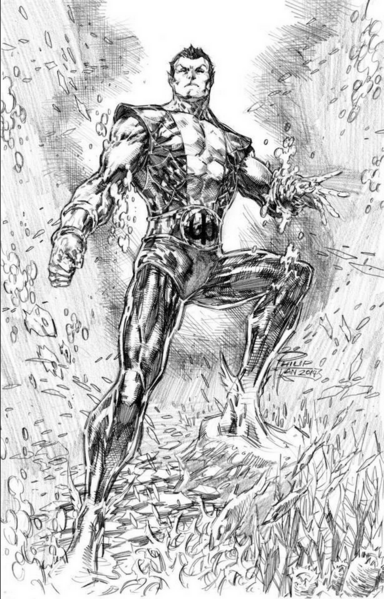 a black and white illustration of namor, he is standing on a rock, water splashing up on it. he has his black suit, only his arms bare