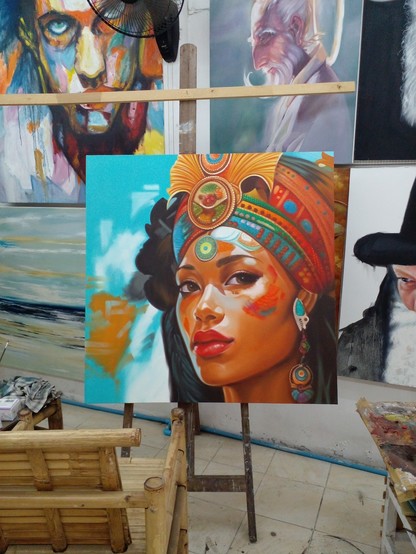 a painting on an easel in an art studio and gallery, it is of a woman's face, she is looking at the viewer with large brown eyes, there are paintings on the wall behind it, the woman wears an elaborate headdress with a fan-type design in the front, lots of gold, blue, green, and red in it , the background turquoise, white, and yellow-brown