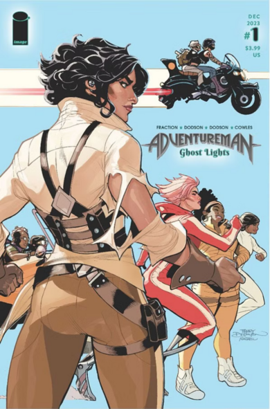 a cover of a comic book, the background is blue with a racing stripe of white , a motorcycle zooming by, female heroes are running to the right, in the foreground is a woman dressed in old-fashioned khaki with tactical gear, she has short hair, her back is to the viewer, she is looking to the right in the direction the girls are running
