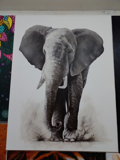 a black and white painting of an elephant walking towards the viewer